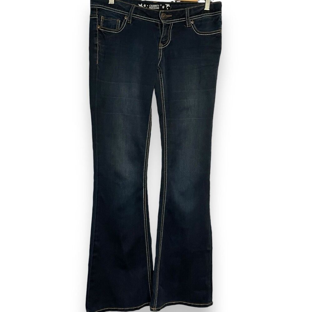 Celebrity Pink Flare Leg Jeans Womens 3 Juniors Blue Dark Wash Pockets Stretch